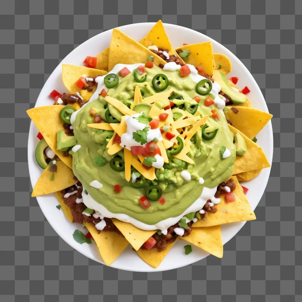 Tasty nachos topped with green guacamole and red peppers