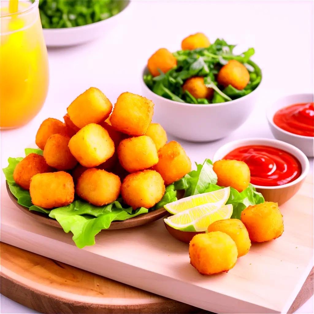 Tater tots and salad on a wooden board