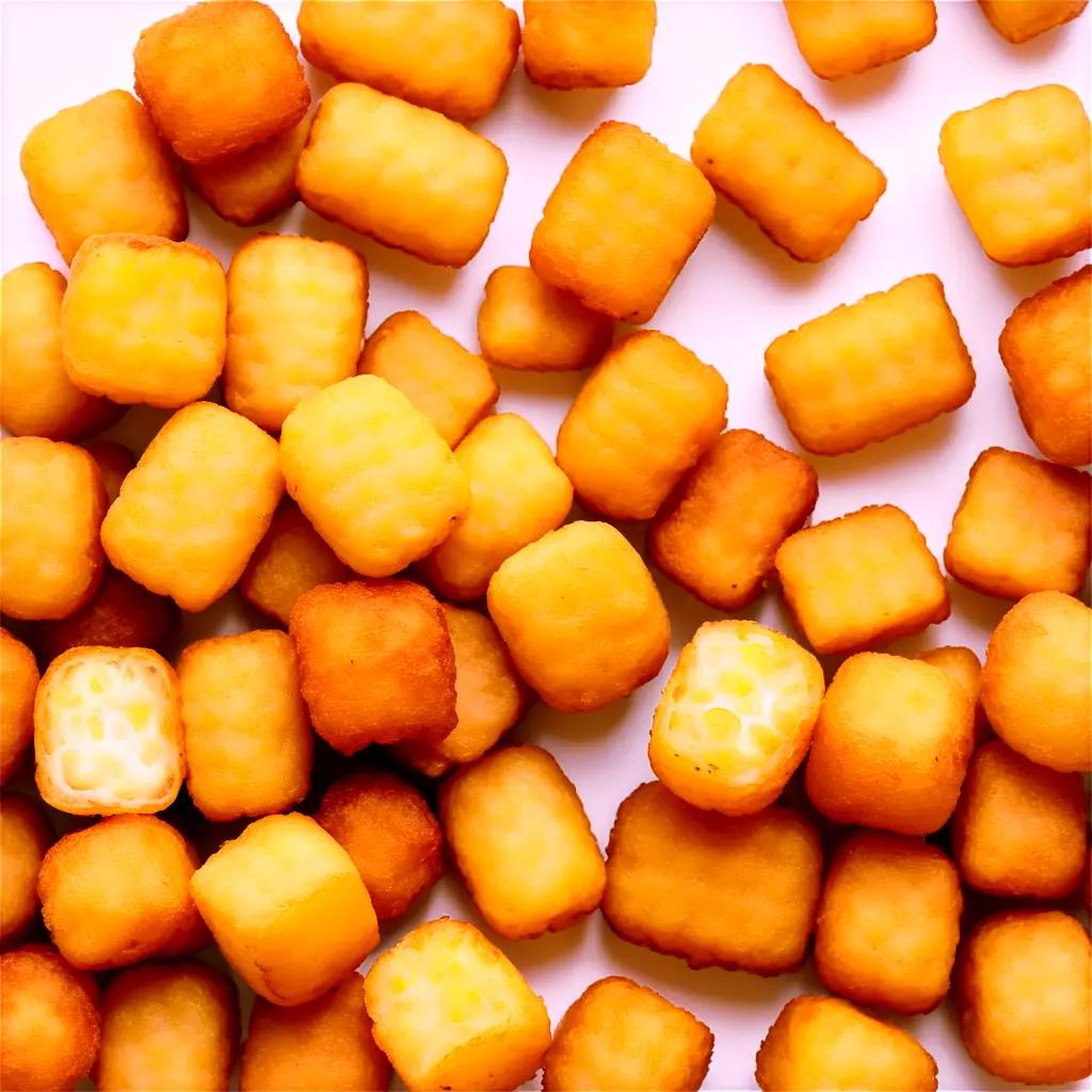 Tater tots in a pile on a white surface