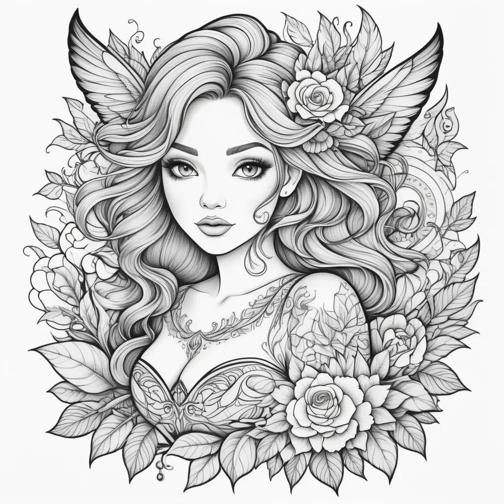 Tattoo Coloring Pages: Artwork of a Woman with Flowers