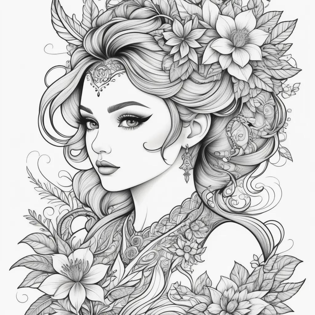 Tattoo Coloring Pages: Black and White Art of a Woman with Flowers