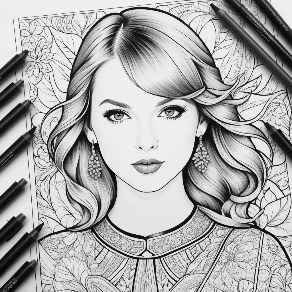 Taylor Swift Coloring Page: A captivating black and white illustration of the pop star