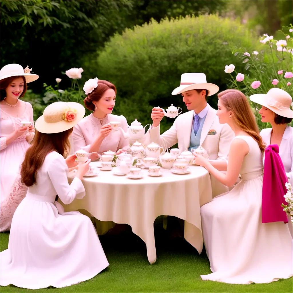 Tea party among elegant ladies in white dresses