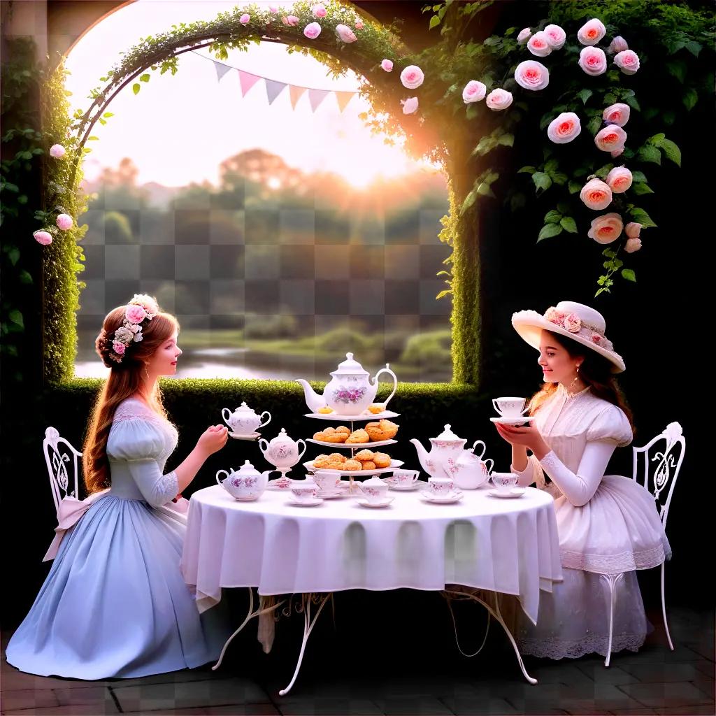 Tea party in a garden with ladies in long dresses