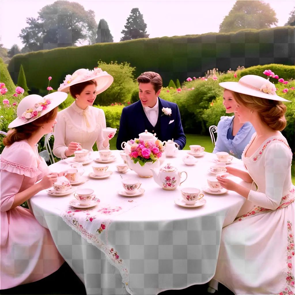 Tea party scene with ladies and men