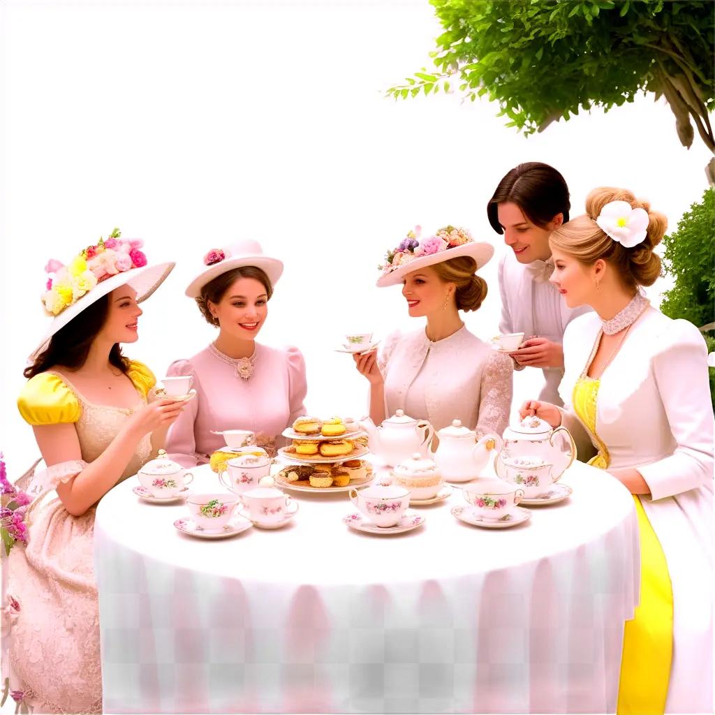 Tea party with ladies dressed in fancy dresses