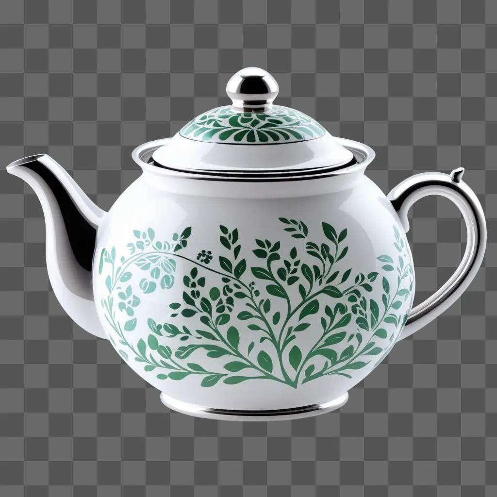 Tea pot with leafy design against white background