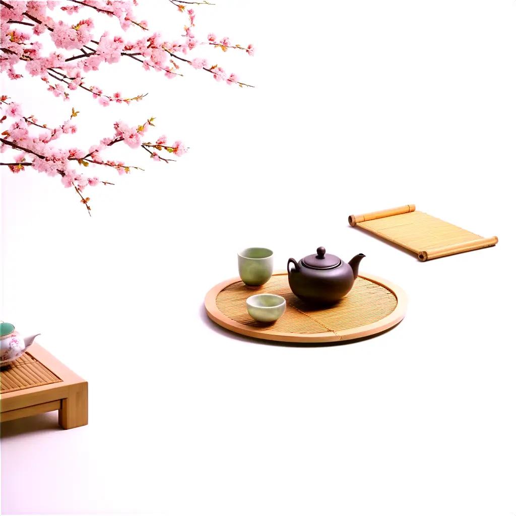 Tea set on tray with bamboo basket and flower