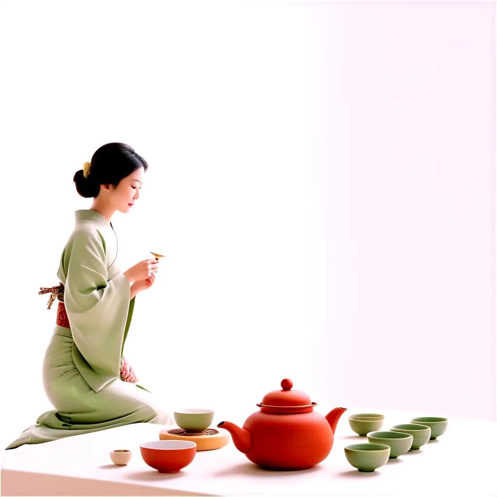 日本の伝統的な衣装を着た女性とのティーセット