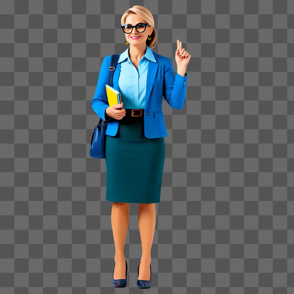 Teacher with book stands on a blue background