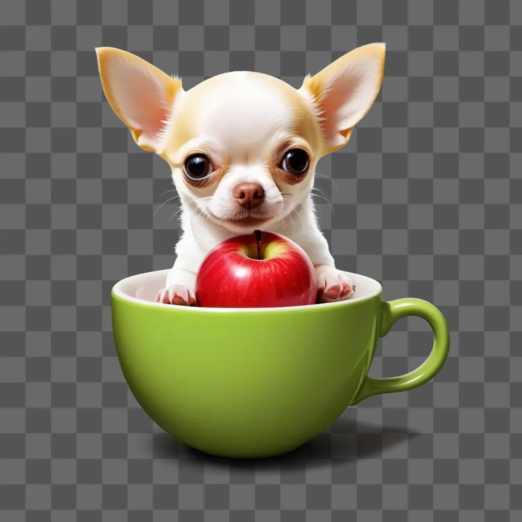 Teacup holds apple head dog in a green cup