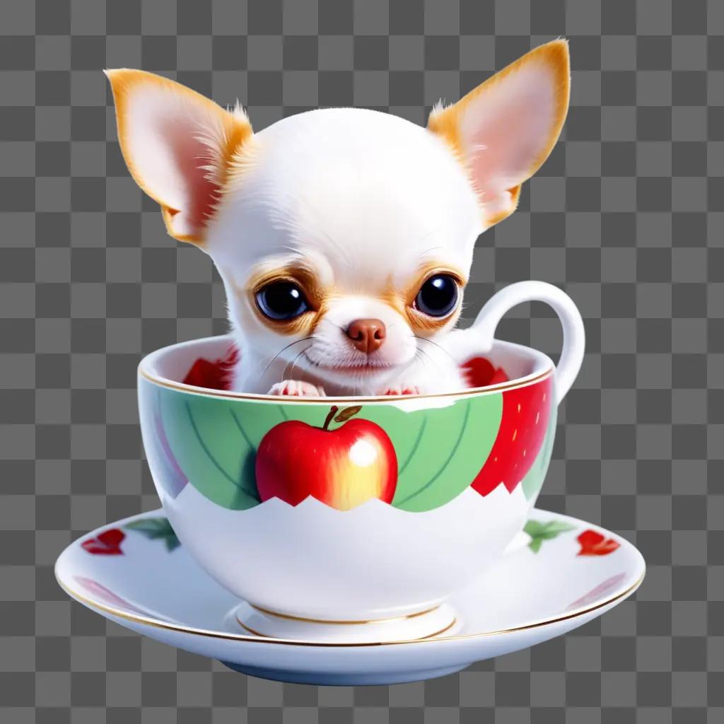 Teacup with a dog in it, and a red apple on the saucer