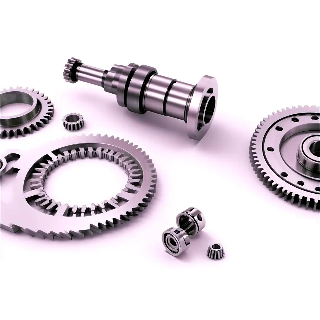 Technical gears and parts are laid out on a white background