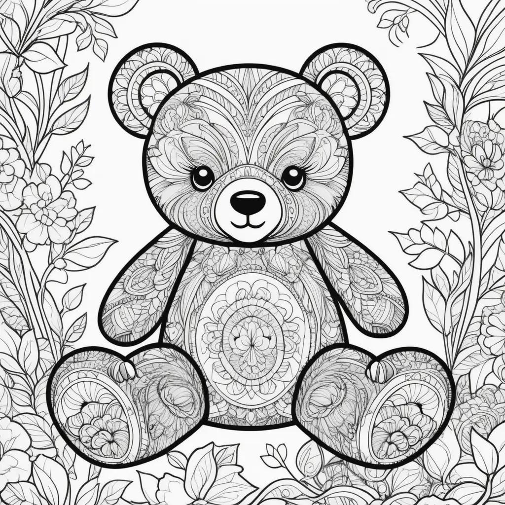 Teddy bear coloring page with intricate patterns in black and white