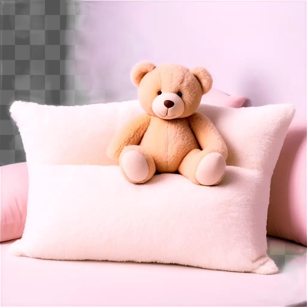 Teddy bear sits on a pink pillow