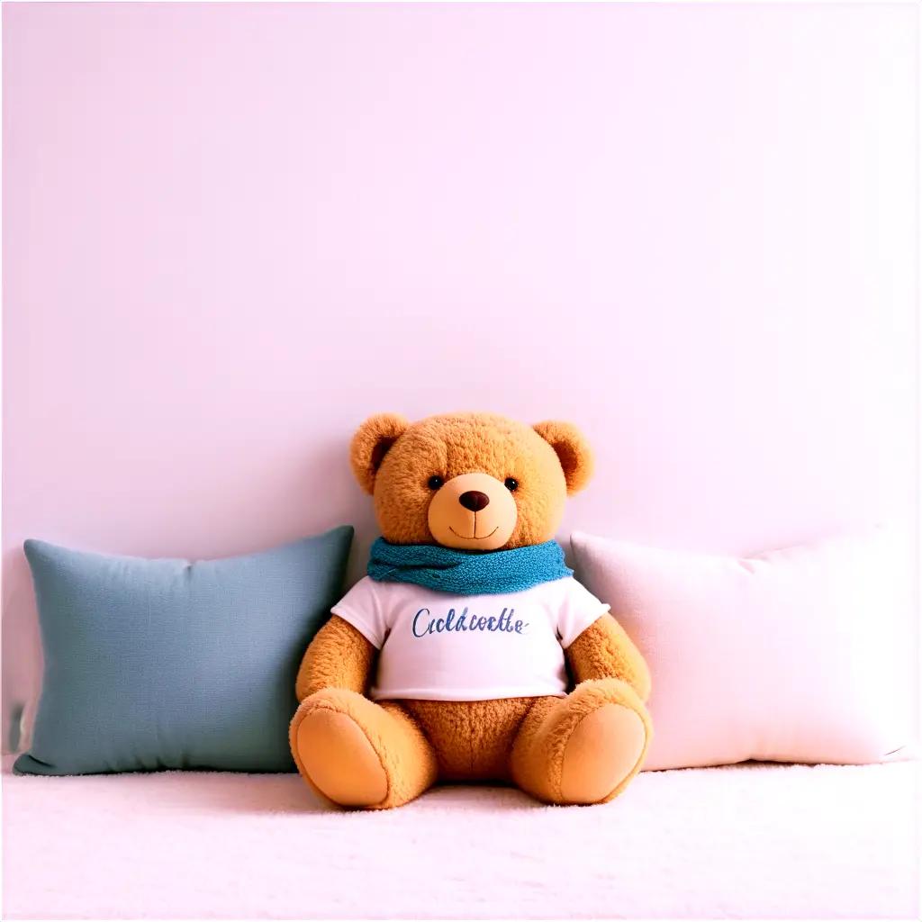 Teddy bear with blue scarf sits on pink pillow