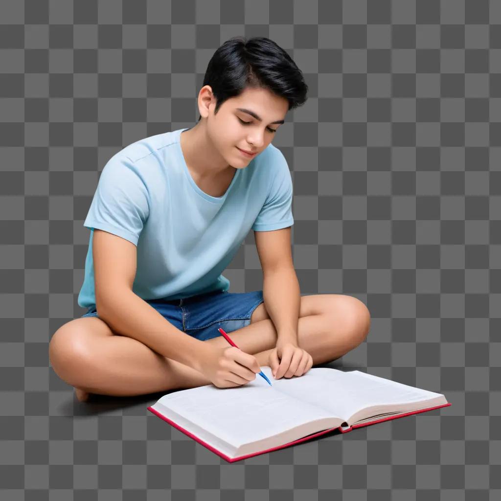 Teen boy writing on book while doing homework