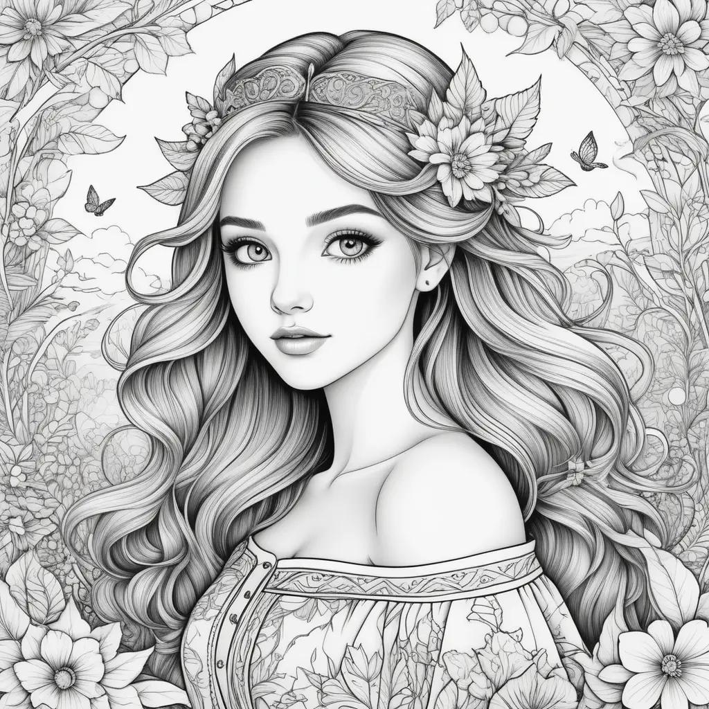 Teen coloring pages featuring a pretty girl and flowers