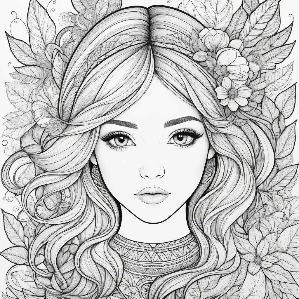 Teen coloring pages featuring a young girl with long hair and a flower crown