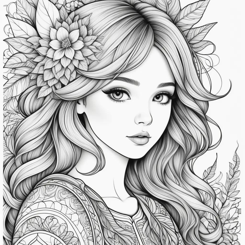 Teen coloring pages with black and white drawings of a girl with flowers