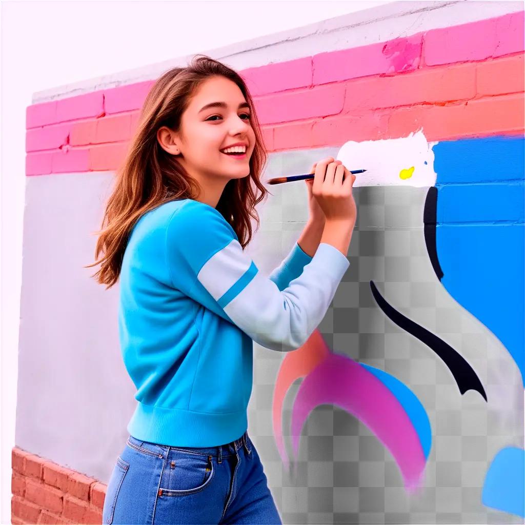 十代の女の子はレンガの壁に壁画を描く