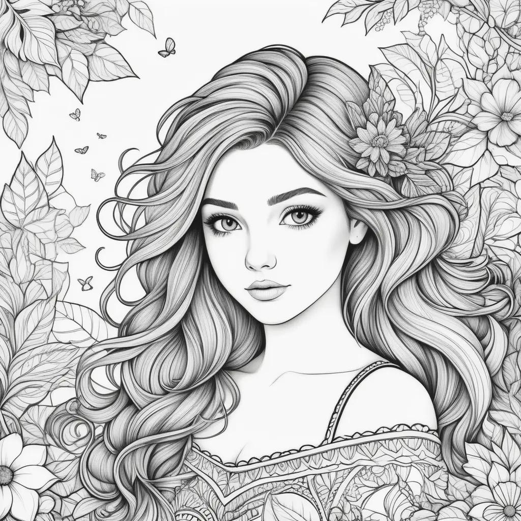 Teenage Coloring Pages: A Black and White Drawing of a Beautiful Young Woman