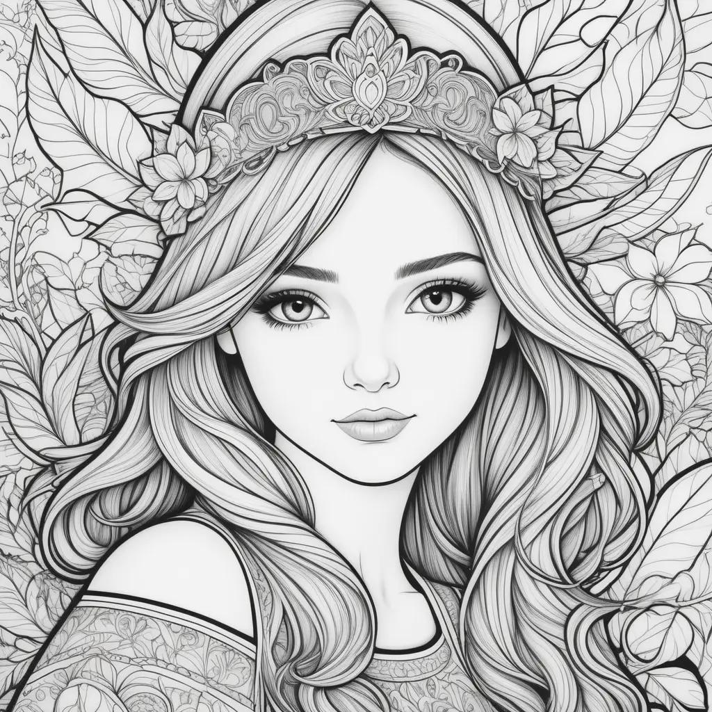 Teenage coloring pages of a girl with a crown and flowers