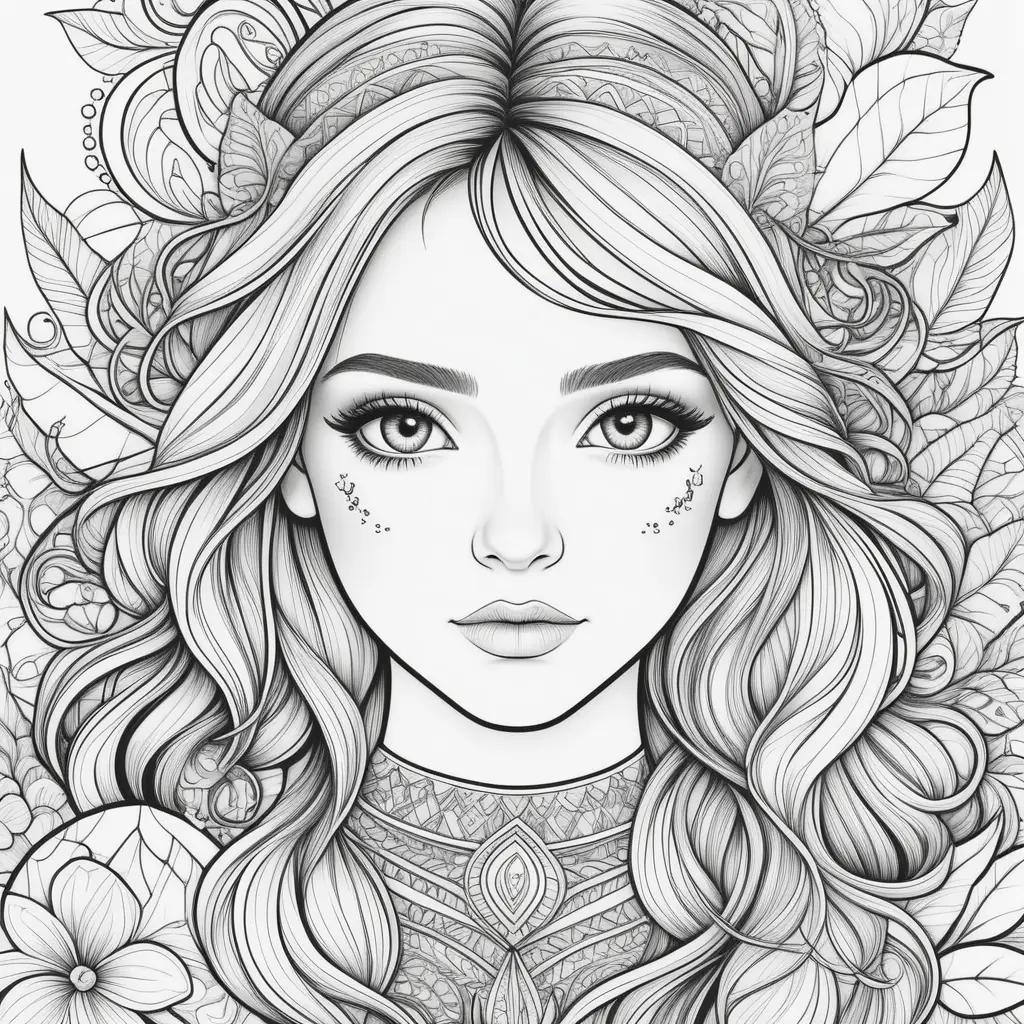 Teenage coloring pages of a woman with long hair and flowers