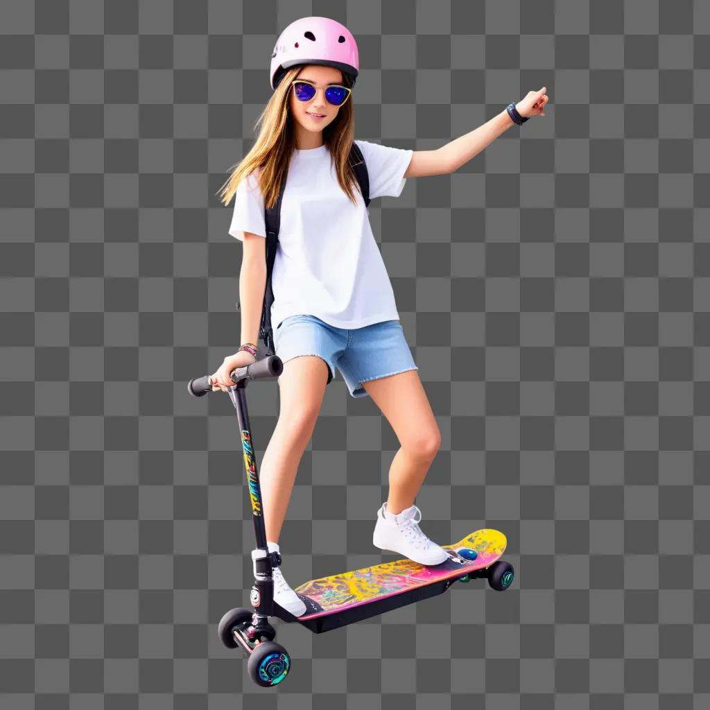 Teenage girl on a scooter, wearing a helmet and sunglasses