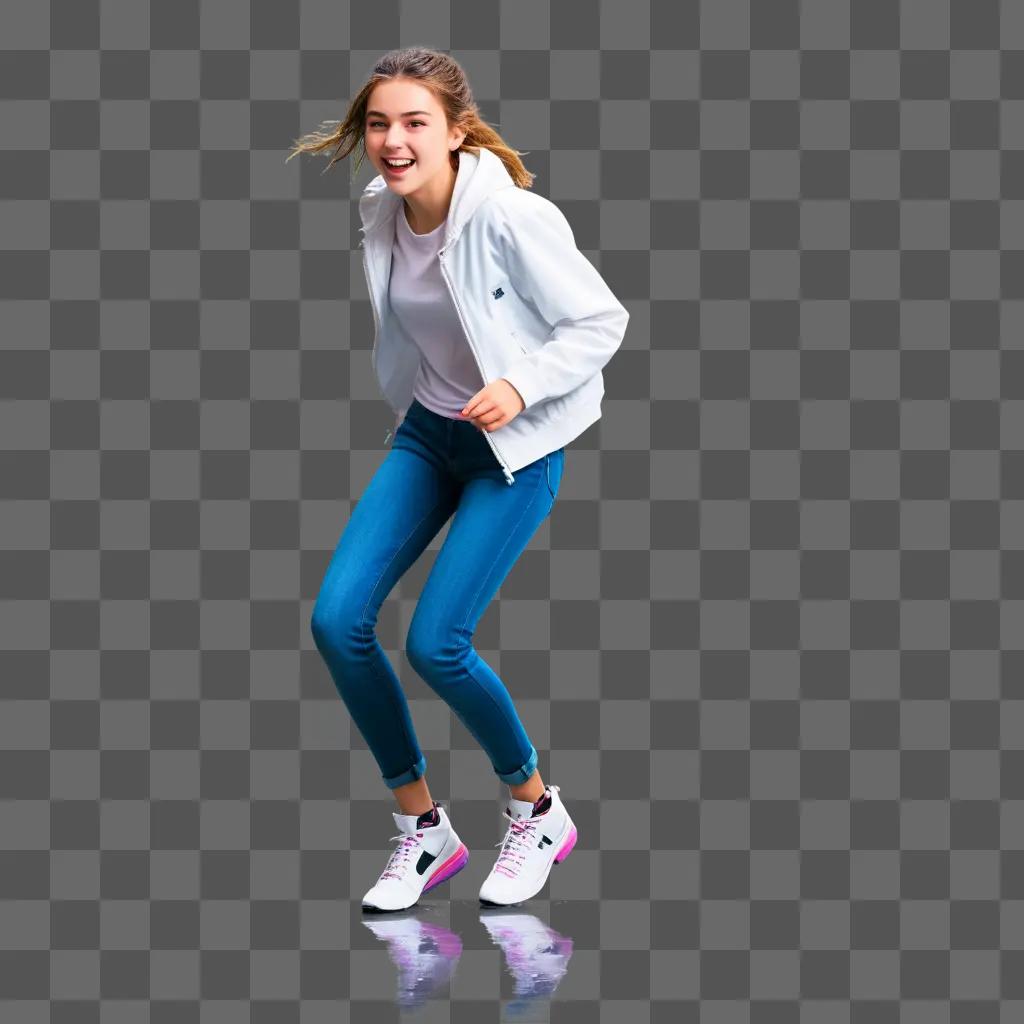 Teenager in white jacket and blue jeans jumps