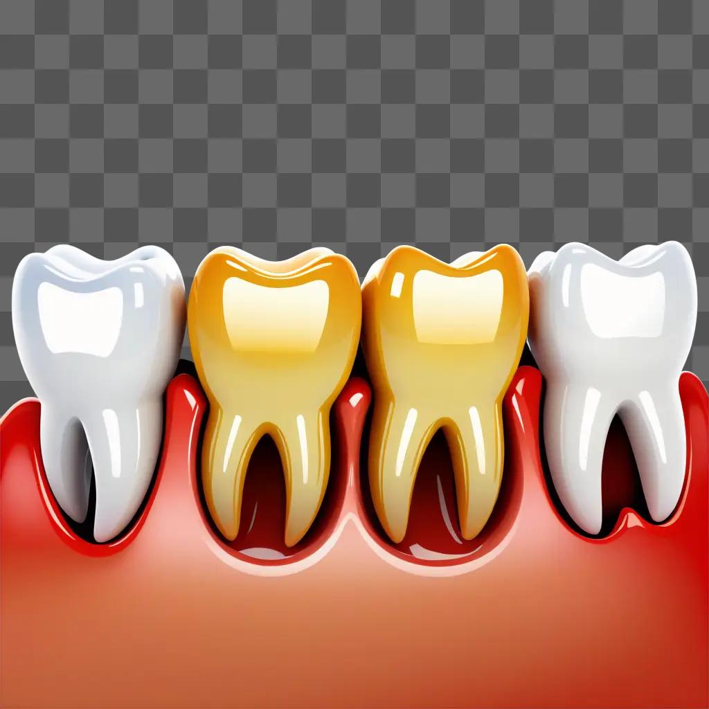 一列に並んだ歯、白3本、黄色1本
