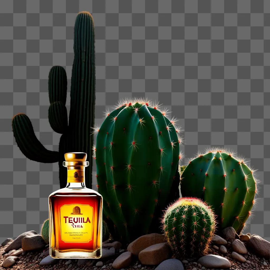 Tequila bottle next to cactus with green and yellow flowers