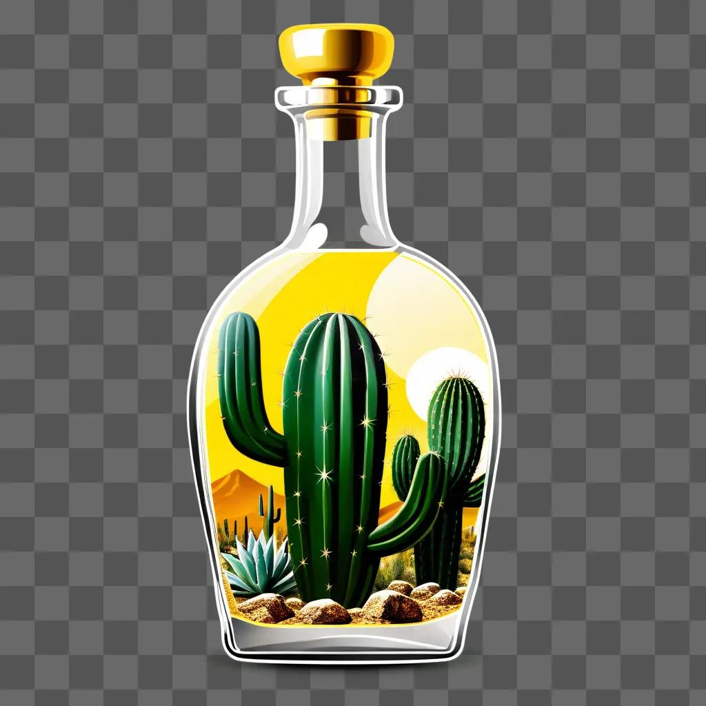 Tequila bottle with cactus and sun inside