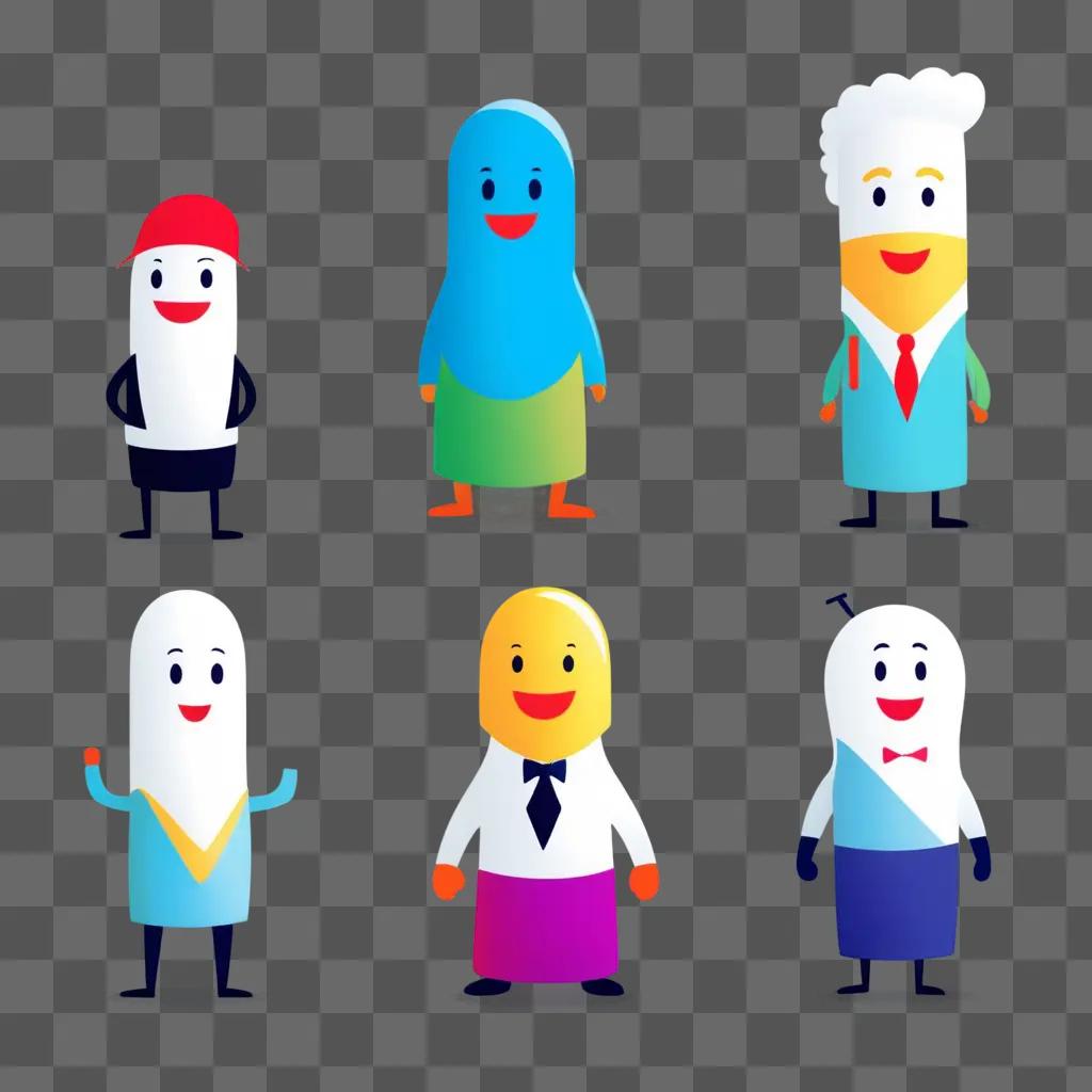 Test clipart of six cartoon characters