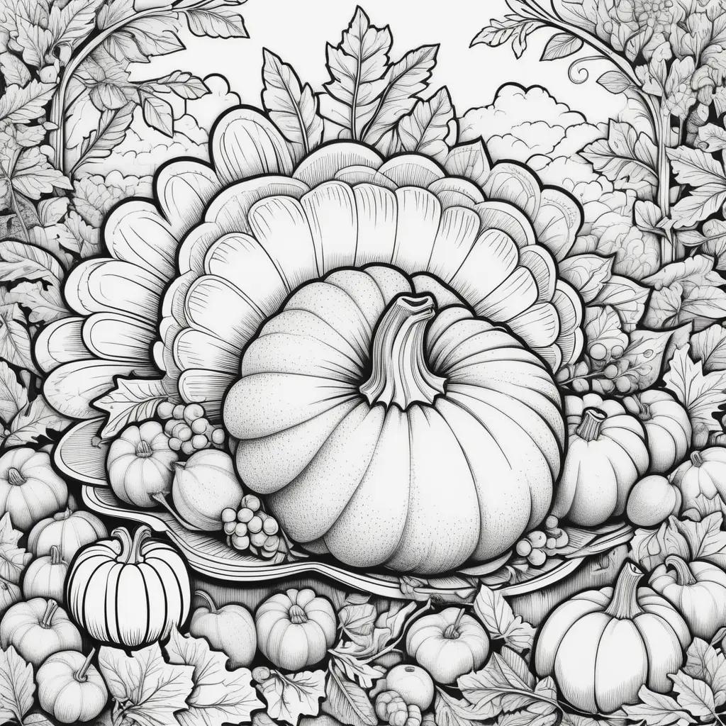 Thanksgiving Color Page with a Pumpkin and Leaves