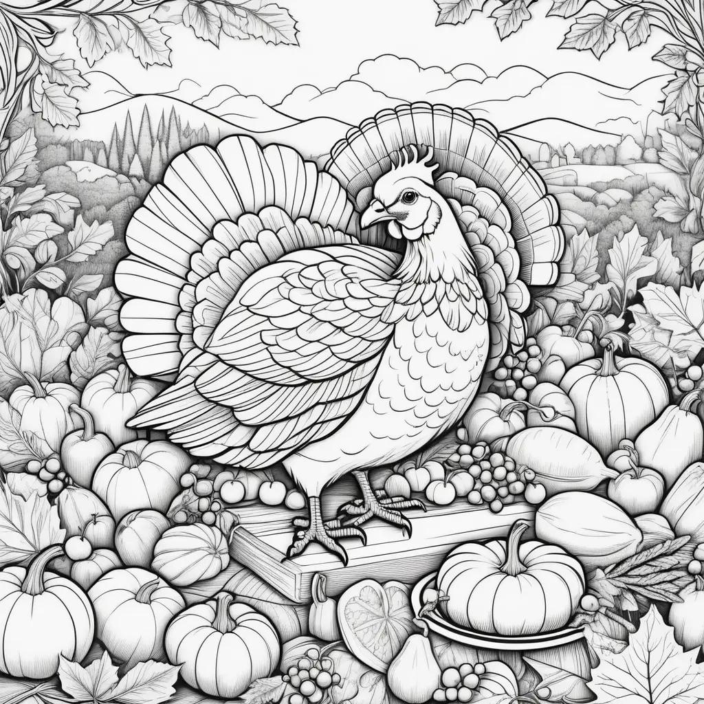 Thanksgiving Coloring Page: A Turkey and Pumpkin on a Farm