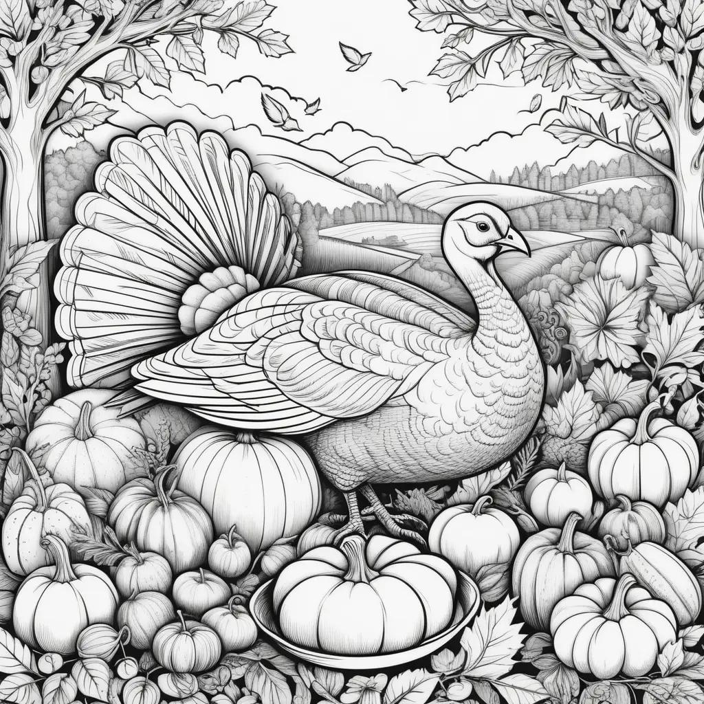 Thanksgiving Day Coloring Pages: A Turkey in a Pumpkin Field