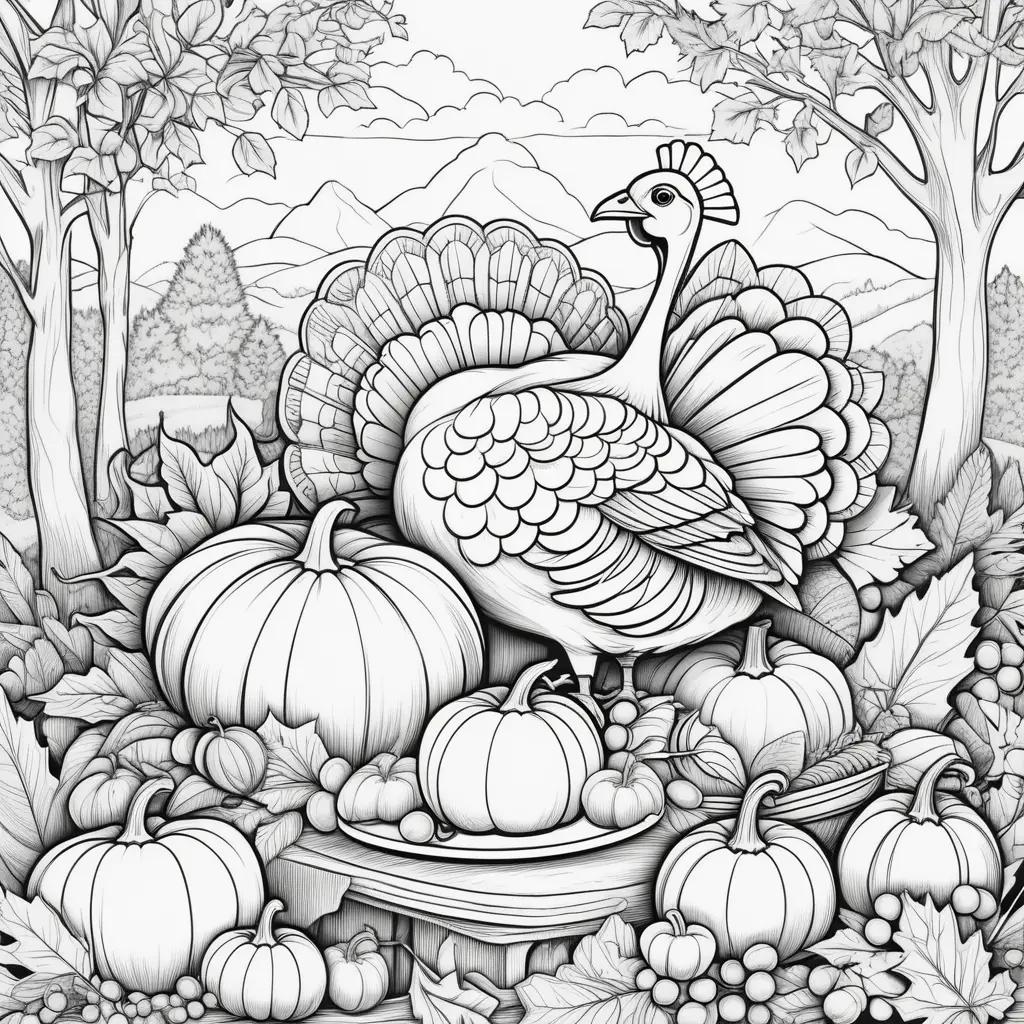 Thanksgiving Day Coloring Pages Featuring a Turkey and Pumpkins