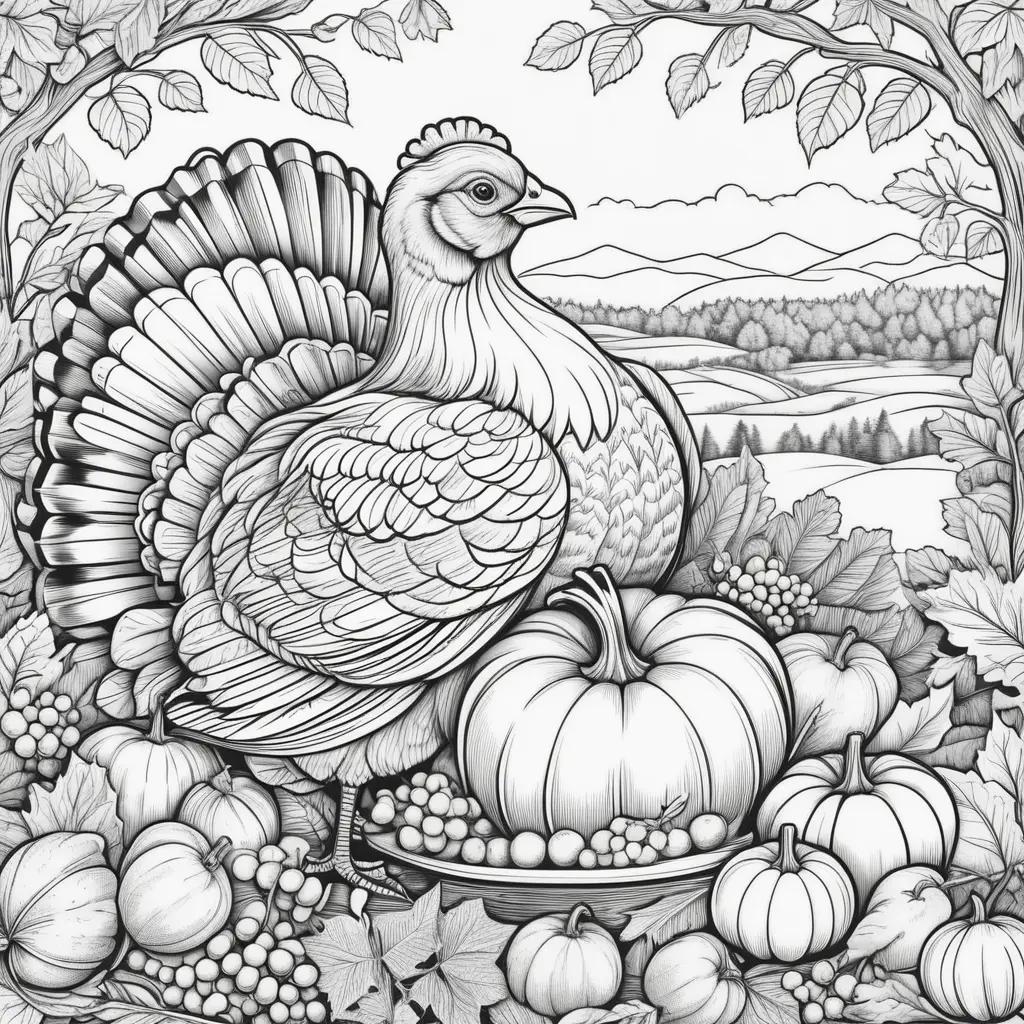 Thanksgiving Day coloring pages with a turkey, pumpkin, and grapes