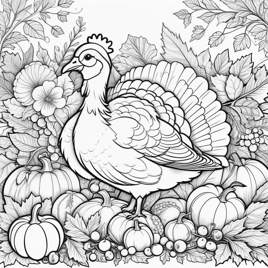 Thanksgiving Day coloring pages with turkey, pumpkins, and leaves