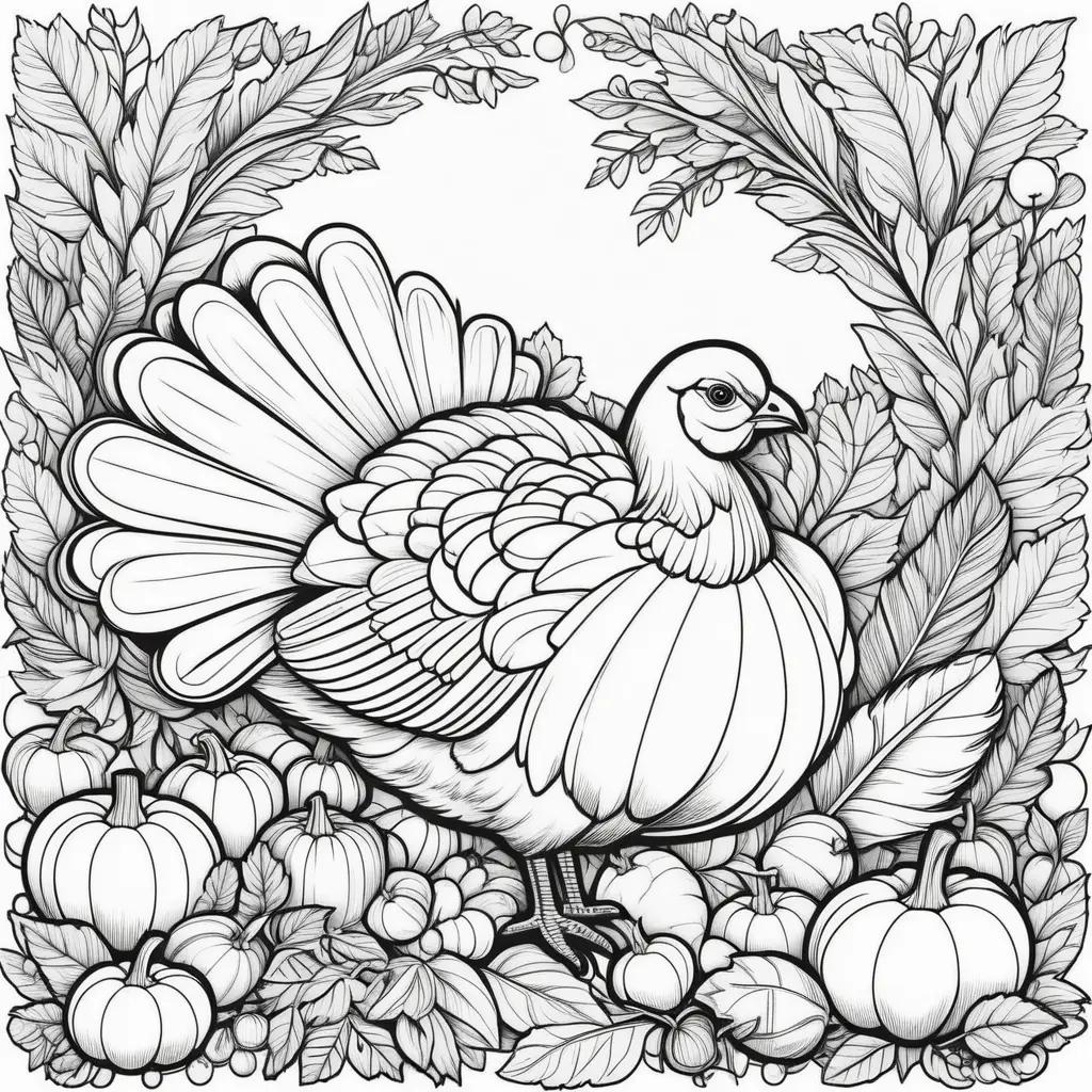 Thanksgiving bird coloring page with leaves and pumpkins