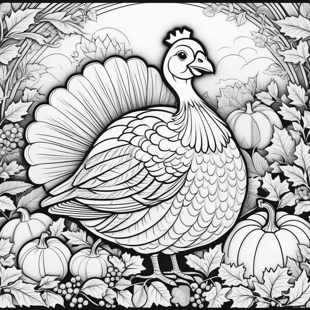 Thanksgiving coloring page features a turkey, pumpkins, and leaves