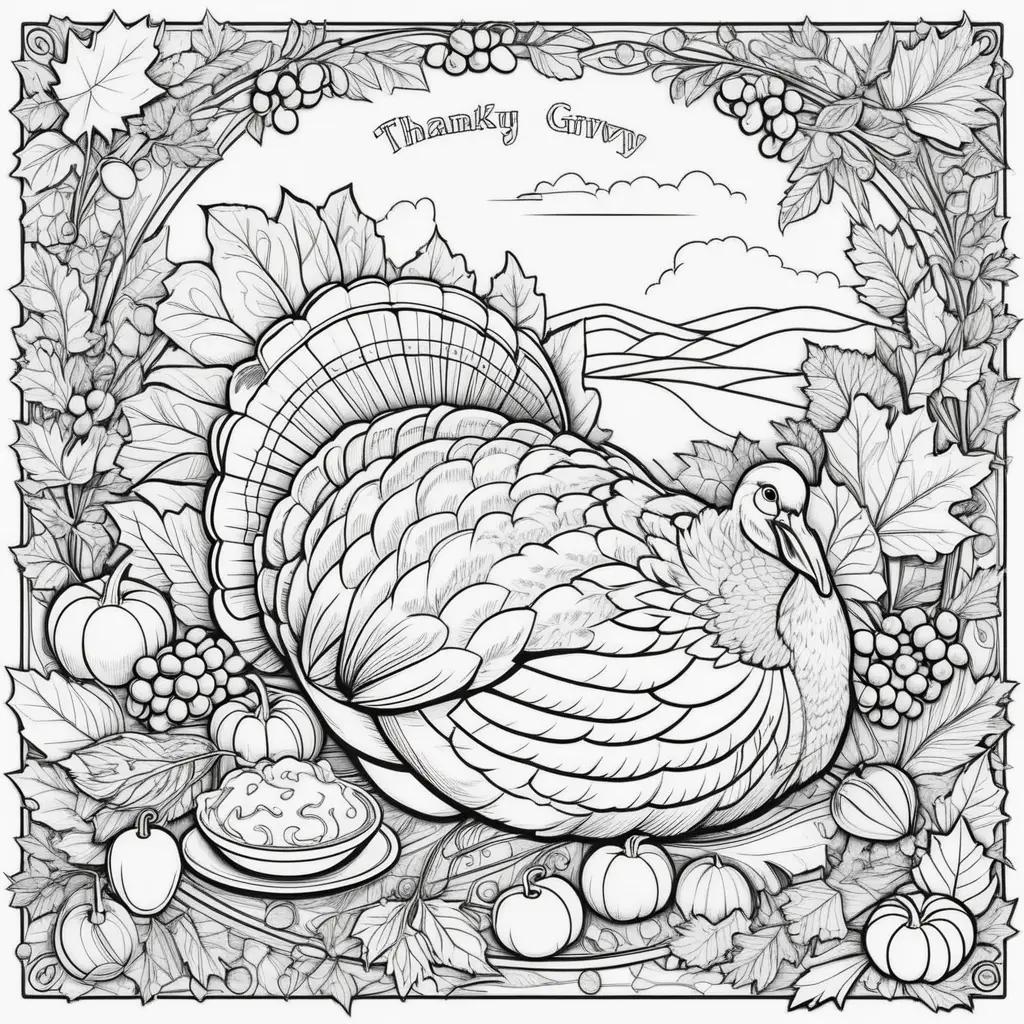 Thanksgiving coloring pages featuring a turkey and a bowl of food