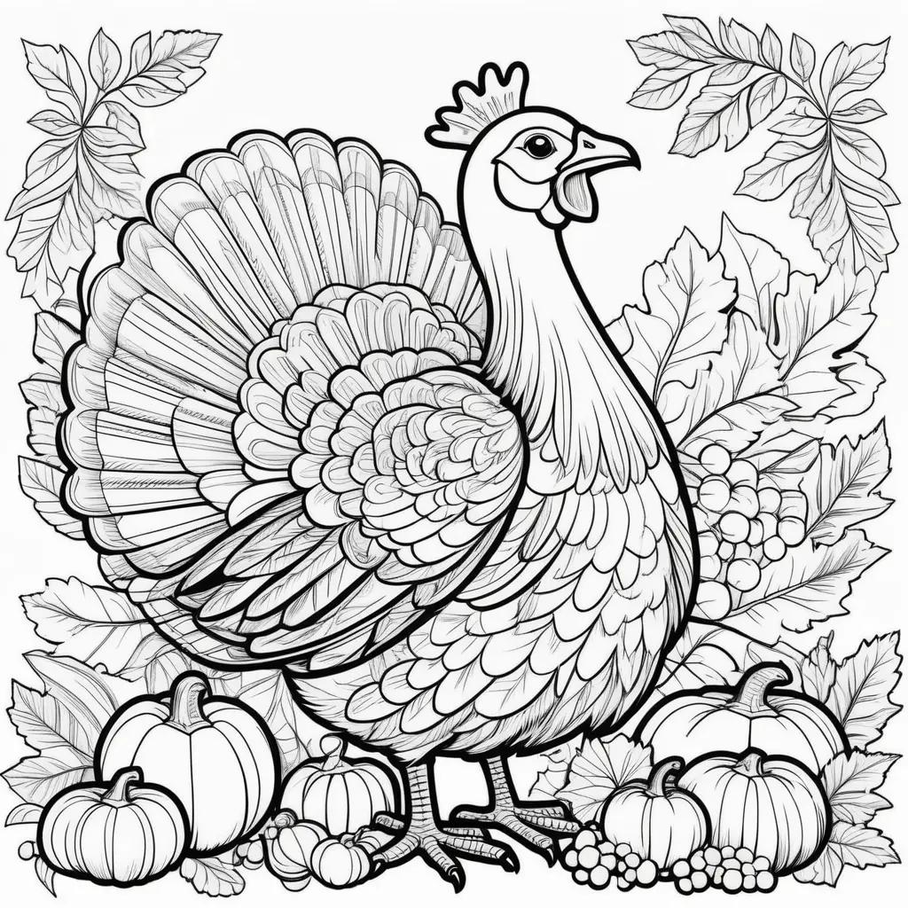 Thanksgiving coloring pages featuring a turkey and pumpkins