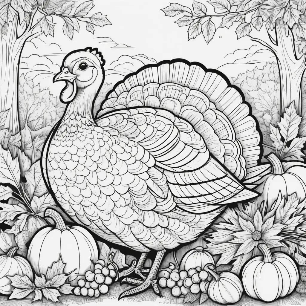 Thanksgiving coloring pages featuring a turkey and pumpkins