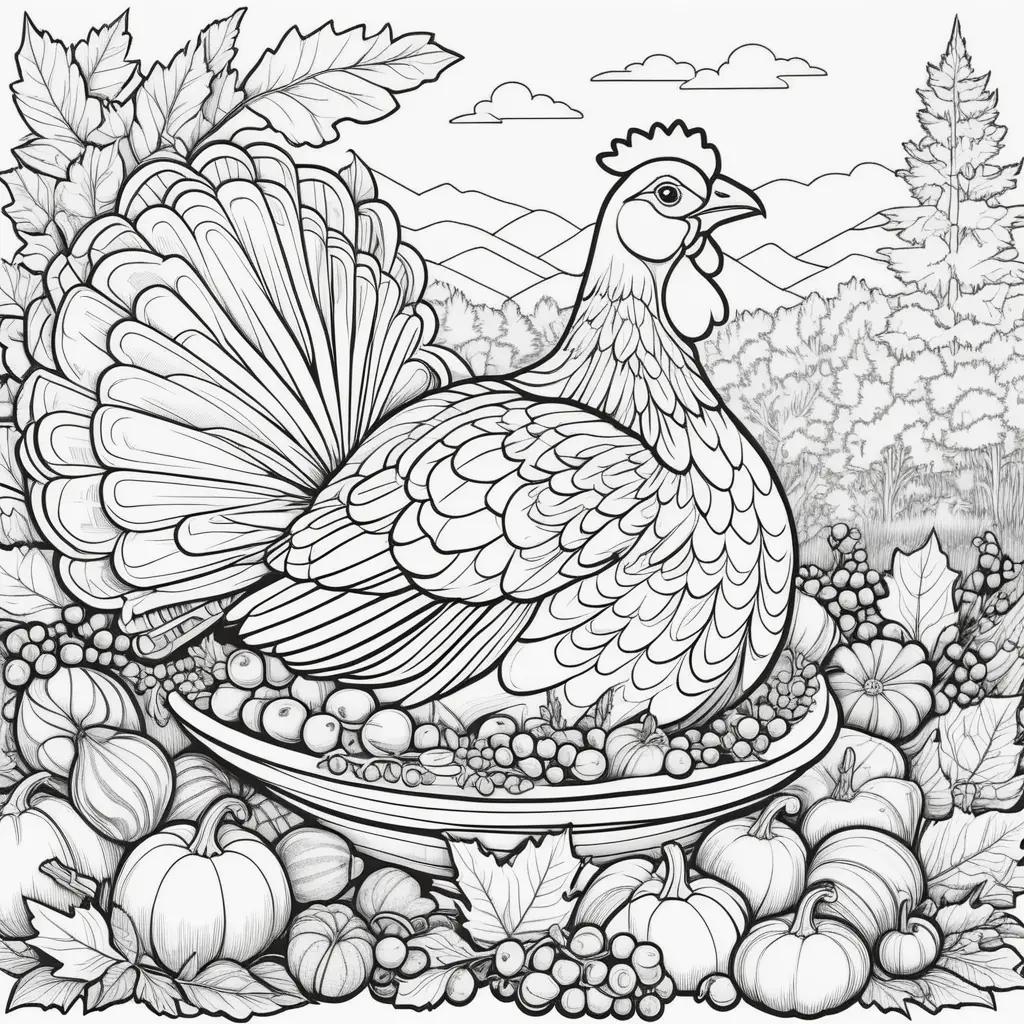 Thanksgiving coloring pages with a rooster, pumpkin, and berries