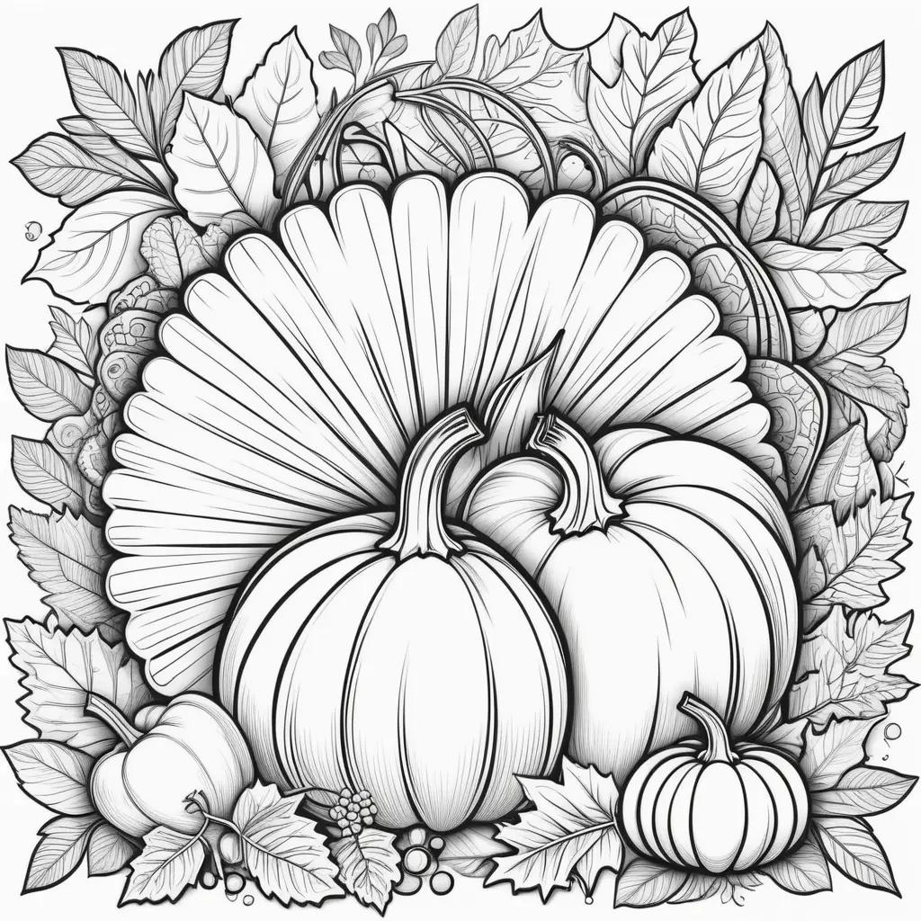 Thanksgiving coloring pages with pumpkins and leaves