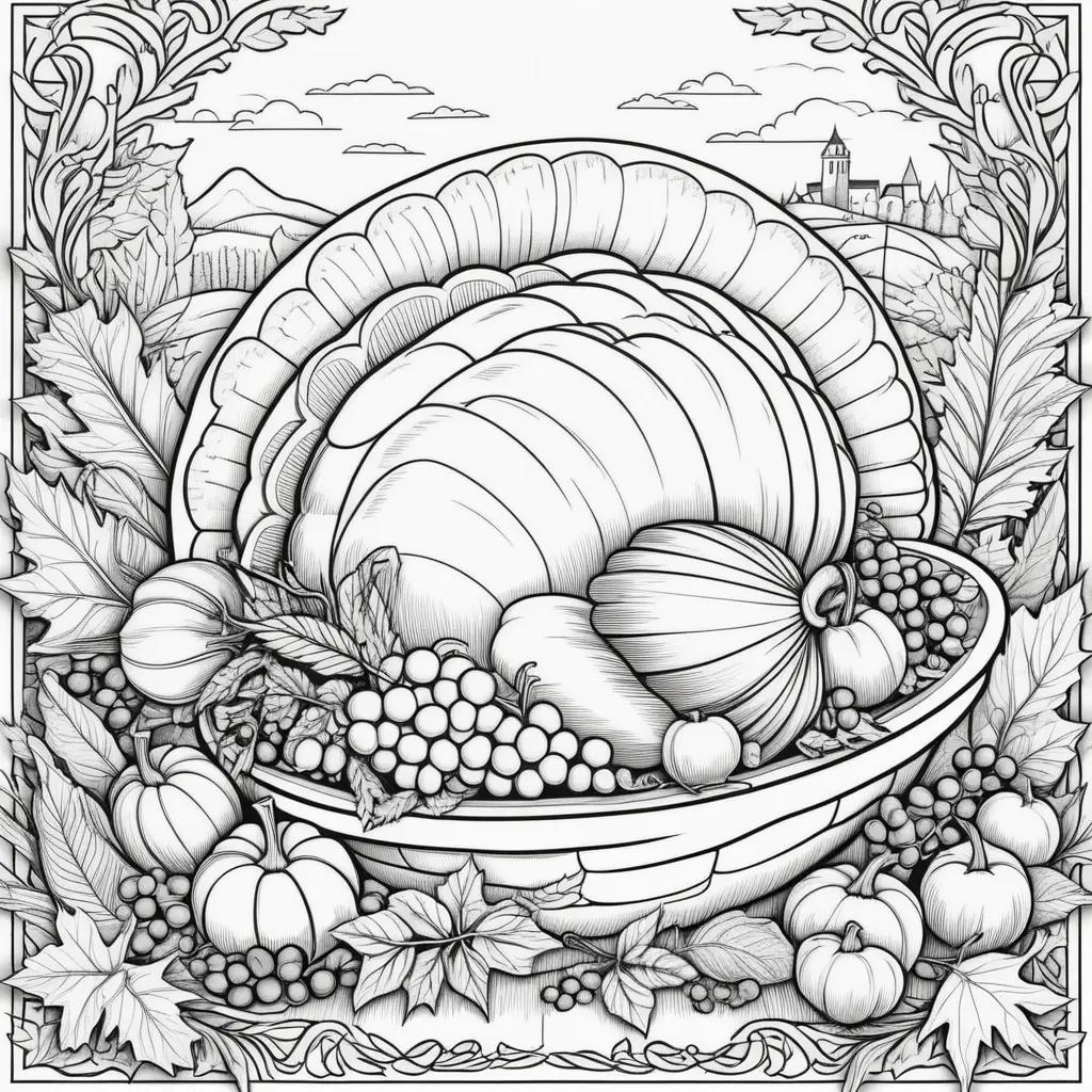 Thanksgiving feast coloring page with fruits and vegetables