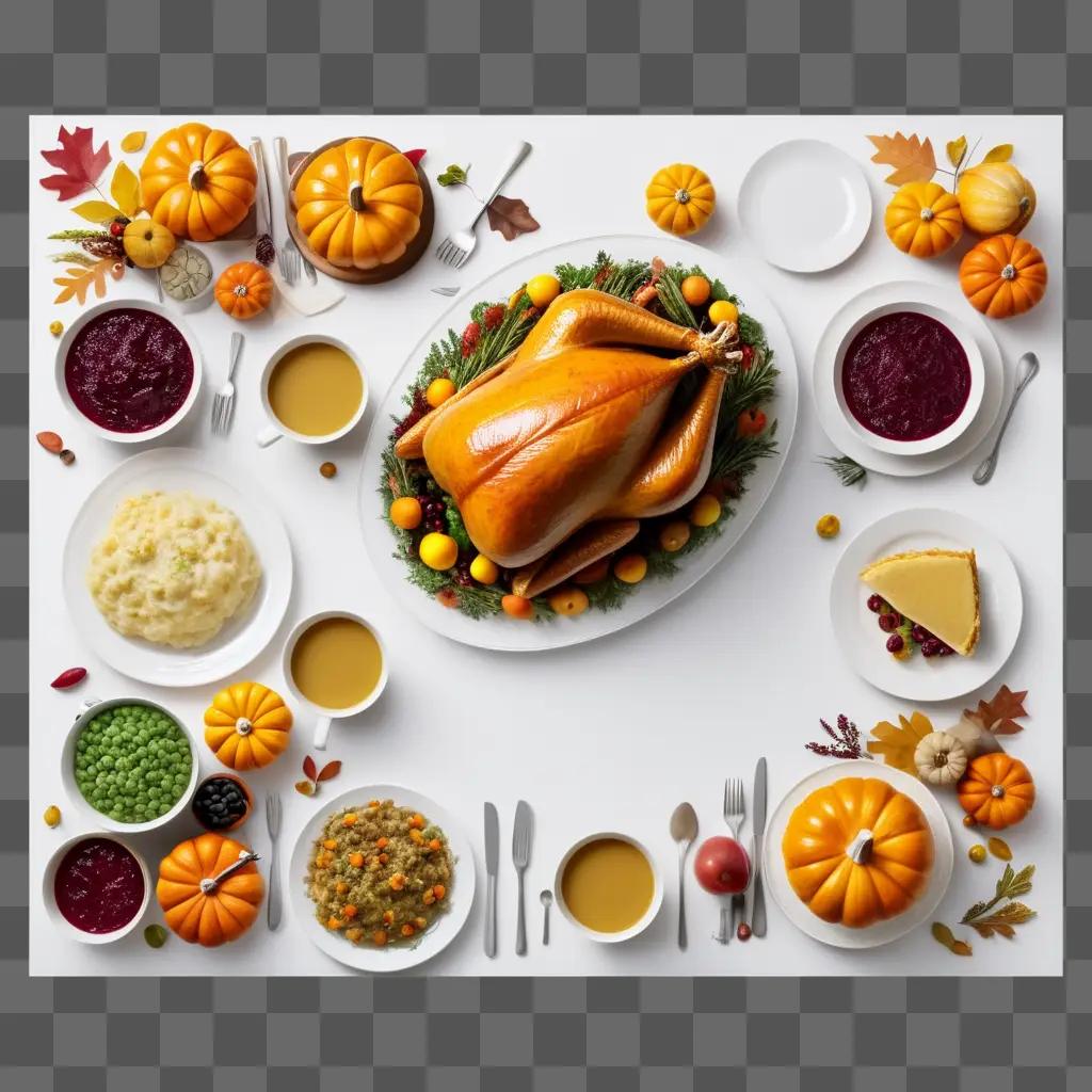 Thanksgiving feast is laid out on a white tablecloth