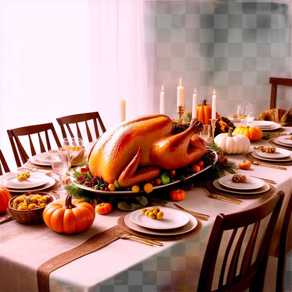 Thanksgiving table set with turkey and pumpkins